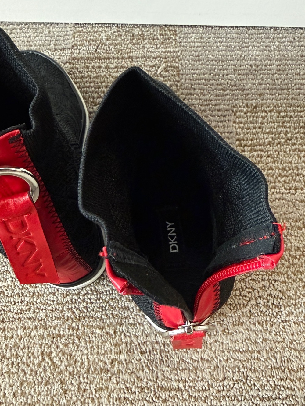 DKNY Black Knit Wedge Sneakers with Red Heel Zipper Pull - Picture 4 of 6
